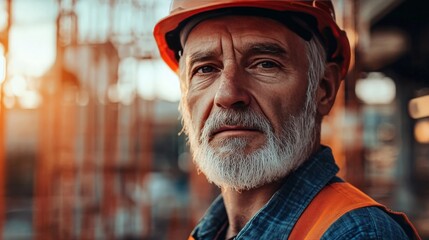 Portrait of an older, experienced construction worker with a rugged face, helmet on, and a construction site visible behind, representing years of dedication 