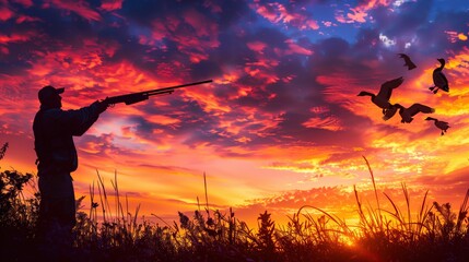 Hunter Silhouetted Against a Dramatic Sunset with Flying Geese