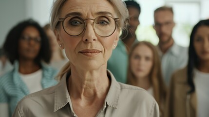 Obraz premium A confident woman in glasses stands in the forefront, with a group behind her, reflecting leadership and composure within a community or team setting.