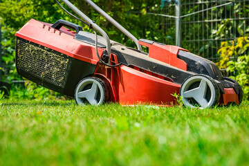 Fototapeta premium Lawn mower on green grass in small garden