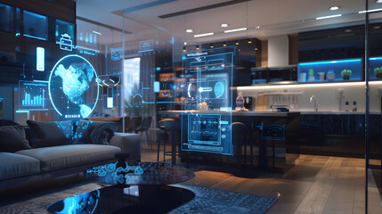 Futuristic holographic control panel allows for seamless management of smart home technology with ease.