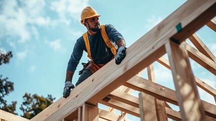 Skilled construction worker framing a house with precision, demonstrating the knowledge and experience in creating a strong, stable structure 
