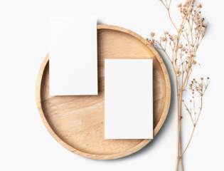 Flyer png mockup on wooden plate in flat lay style