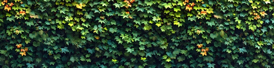 Urban wall covered by ivy leaves in sunny day. Green wall in the garden with air purification plants. Ecology and green city concept. Abstract nature background for banner, poster, wallpaper