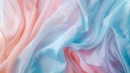 Obraz premium Dreamy pastel-colored fabrics flow effortlessly, blending blue, pink, and peach hues, creating an enchanting visual of softness and fluidity.