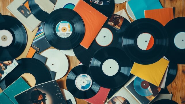 A mix of scattered vinyl records and album covers on a wooden floor, evoking a nostalgic, musical vibe.