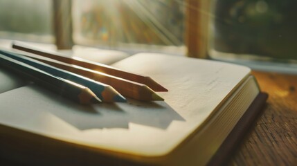 Colored pencils rest atop an open notebook bathed in golden sunlight, capturing the serene moment of creative inspiration by the window.