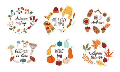 Autumn hand drawn lettering set . Fall season handwritten slogan. Autumn phrase with cute cozy design elements isolate on white background.