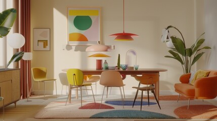 A sunlit, stylish dining room characterized by colorful, modern decor and vibrant accents.