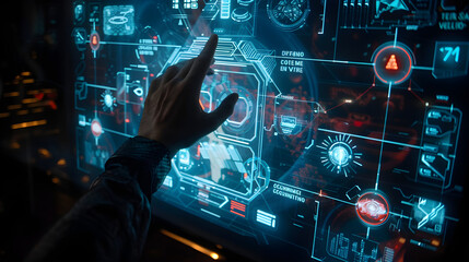 Futuristic holographic interface allowing control of virtual reality elements, seen in blue light.