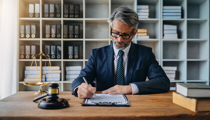 an image of a lawyer in a law firm, reviewing legal documents at a desk, surrounded by law books, case files, and a professional workspace