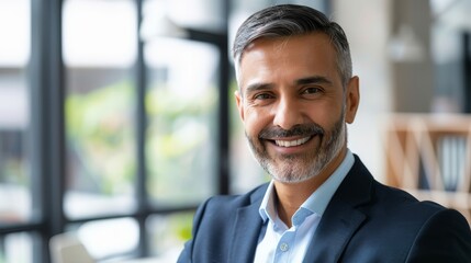 Obraz premium A middle-aged man in a suit beams with confidence and friendliness, standing in a modern office with large windows and natural light.
