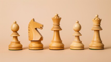 Five wooden chess pieces positioned in a row against a neutral background, showcasing craftsmanship and strategic elegance.