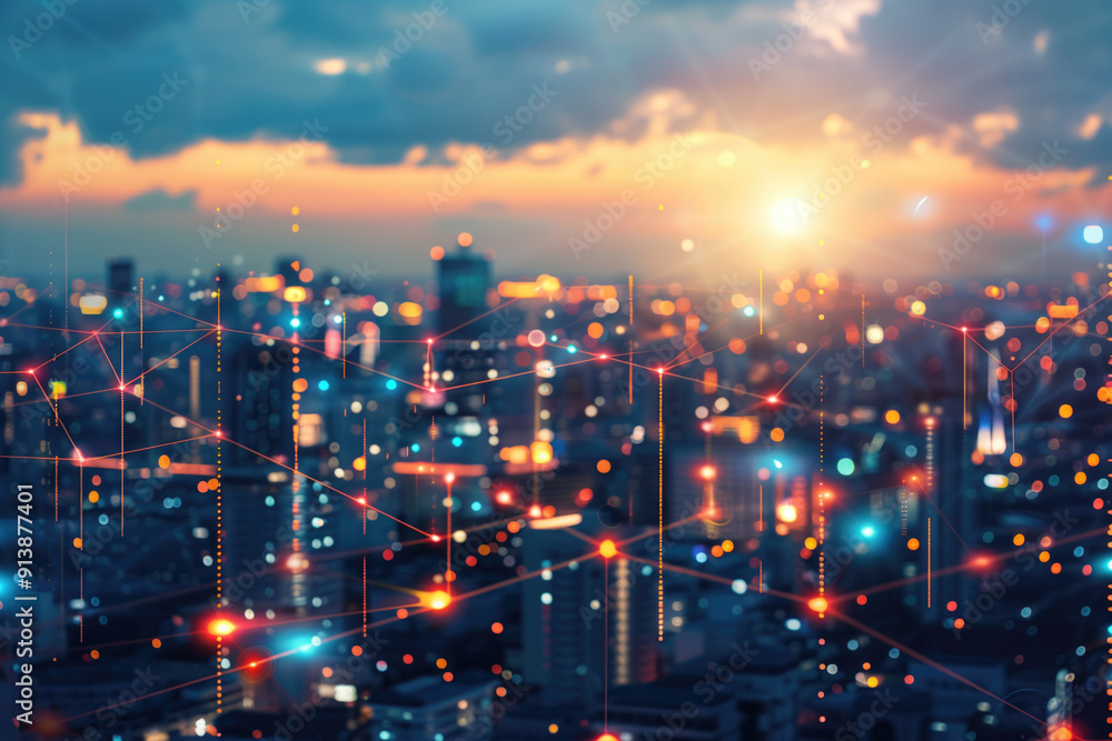 Aufkleber sunset cityscape with digital network lines connecting buildings and skyscrapers. concepts of smart 