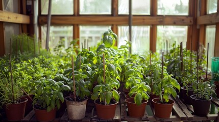 A lush array of potted herbs thriving in a sunlit greenhouse, creating a serene and verdant atmosphere.