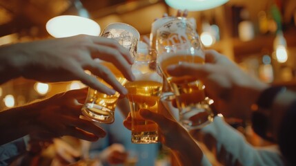 A lively group of people clinking beer glasses in a celebratory toast under warm, ambient pub lights, capturing the essence of camaraderie and joy.