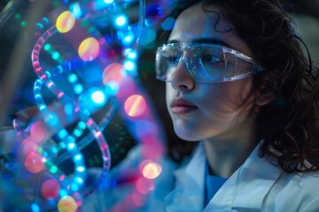 Woman in lab coat studying information, A female chemist mixing chemicals in beakers, AI generated