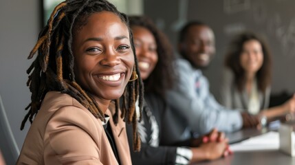 A close-up of a smiling woman among a diverse group of colleagues in a professional yet relaxed office setting, embodying teamwork and positivity.
