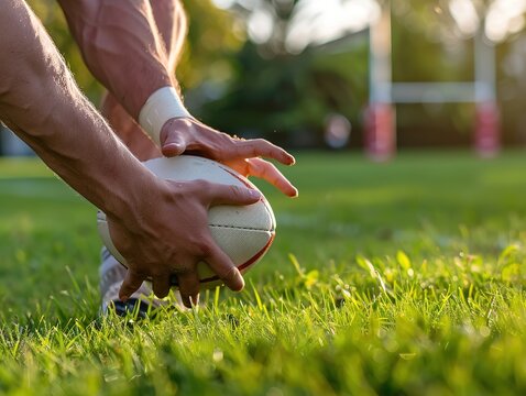 Close-up of hands gripping rugby ball placed on red plastic tee against green grass background, with players blurred in the distance during intense stadium match, emphasizing the dynamic nature 