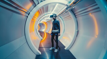 Person immersed in a futuristic tunnel, wearing virtual reality gear, surrounded by glowing circular lights.