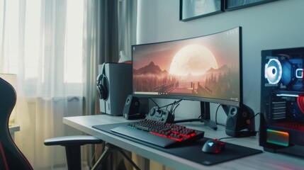 A sleek gaming setup featuring a curved monitor displaying a serene sunset, powerful desktop, and RGB keyboard on a minimalist desk in a well-lit room.