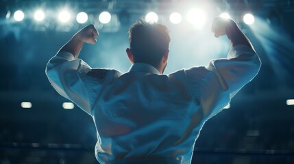 A martial artist celebrates victory in the spotlight, raising their arms triumphantly in an arena filled with cheering fans.