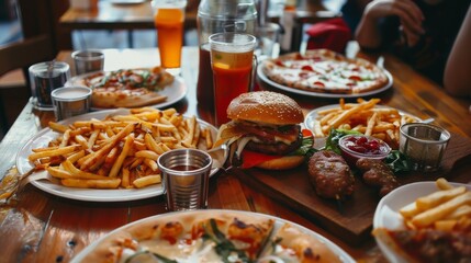 A table brimming with diverse plates of fast food, including burgers, fries, pizza, and various beverages, ready for a feast.