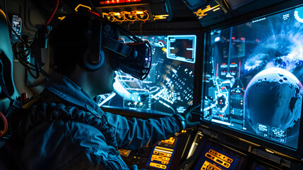 Futuristic holographic control panel for virtual reality, featuring advanced technology and sleek design aesthetics.