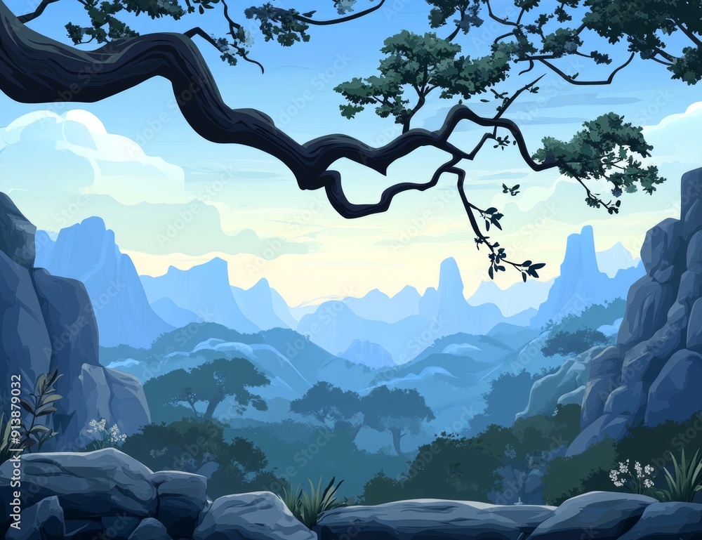 Poster tree branch and mountain background