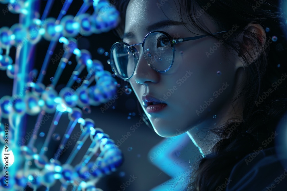 Poster a woman in a lab coat analyzing data on a computer screen, female scientist in lab coat studying inf