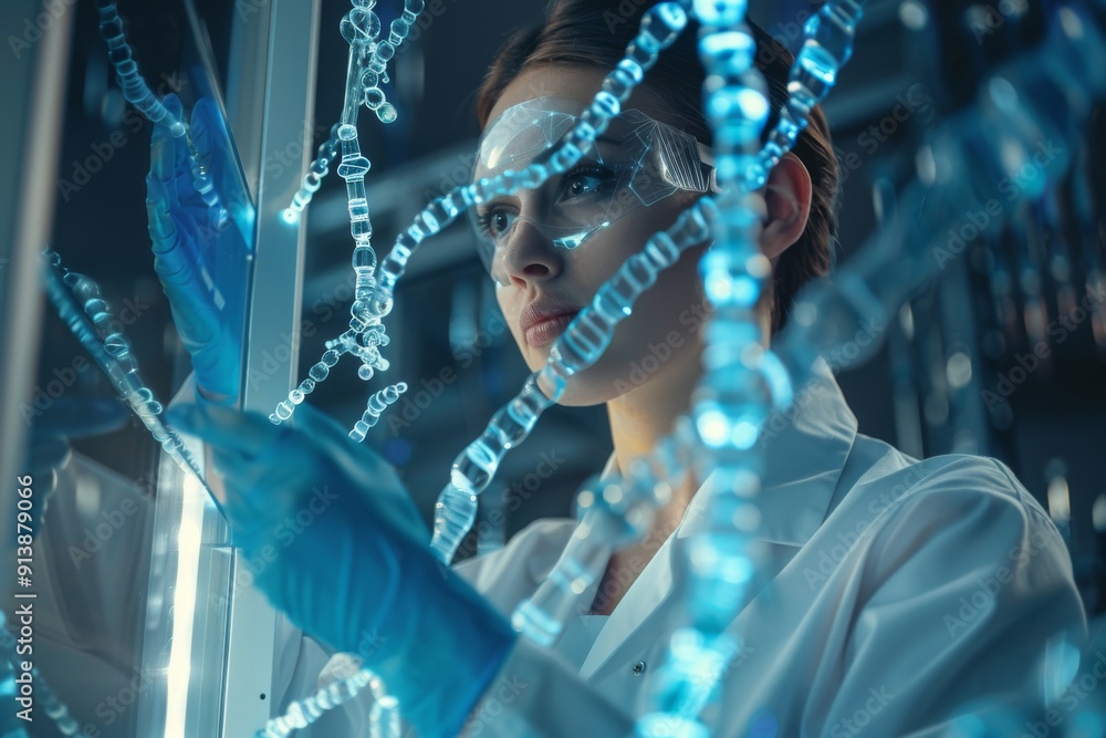 Poster a woman in a lab coat analyzing data on a computer screen, female scientist in lab coat studying inf