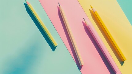 Fototapeta premium Brightly colored pencils arranged creatively over a pastel background, evoking a sense of playful creativity and artistic inspiration.
