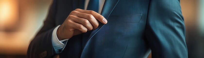 Businessman s hand adjusting a suit jacket, close-up, symbolizing readiness, no face shown