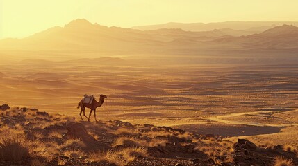 A camel treks through a golden desert at dusk, surrounded by rolling hills and bathed in soft, fading light.