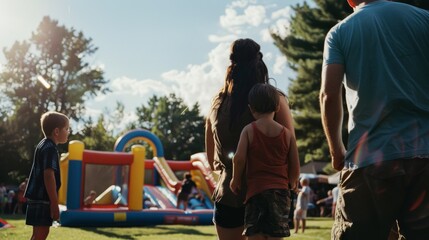 A family enjoys a sunny day at a park, with children playing near a colorful bouncy slide, surrounded by trees and greenery.