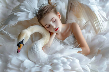 Girl in serene embrace with a swan among feathers