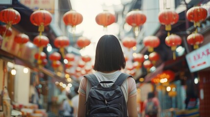 Fototapeta premium A person with a backpack walks through a festive street adorned with vibrant red lanterns.