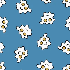 Fotobehang Naadloze wolken Fried Eggs Seamless Pattern. Doodle Fried Eggs Illustration on Blue Background.  © Irinka Dimkovna