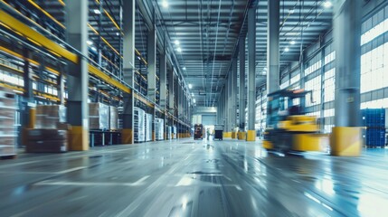 Fototapeta premium An expansive warehouse interior with motion blur, showing the vast space and the dynamic movement of forklifts.
