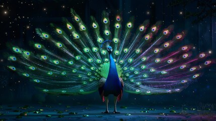 A majestic peacock displaying its vibrant, colorful feathers in a beautifully lit night setting, highlighting its captivating beauty and grandiose presence.