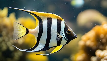 A Black and Yellow Striped Angelfish Swimming in a Tank