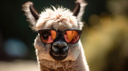 Alpaca, animal in sunglasses close-up blurred background of sunny nature.
