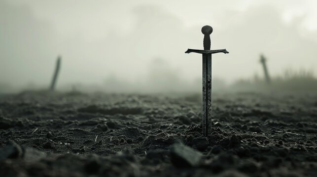 A lone sword firmly planted into the ground in a misty field, evoking a sense of mystery and historical significance.