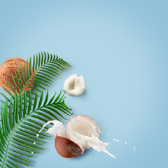 coconuts with milk splash and leaf on a light blue background