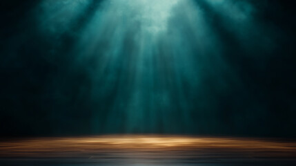 A dramatic background featuring a spotlight illuminating a wooden stage with a dark, smoky atmosphere, ideal for showcasing products or performances.