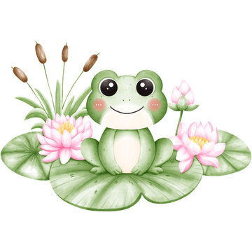 cute green frog sitting on lily pads clip art preview