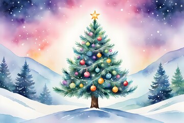 A watercolor illustration of a Christmas tree, decorated with colorful ornaments.