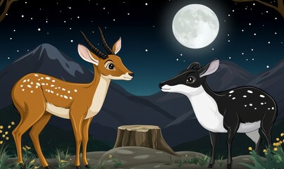 An illustration of cartoon animals playing in a dark landscape at night