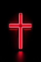Glowing neon cross symbolizing Jesus Christ. Religious icon of faith and prayer. Isolated on a dark background, the neon cross shines brightly. Light in the darkness, symbolizing hope.