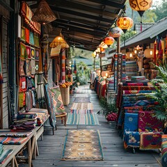 Naklejka premium Vibrant Street Market in Chiang Mai Thailand Filled with Colorful Textiles and Local Crafts